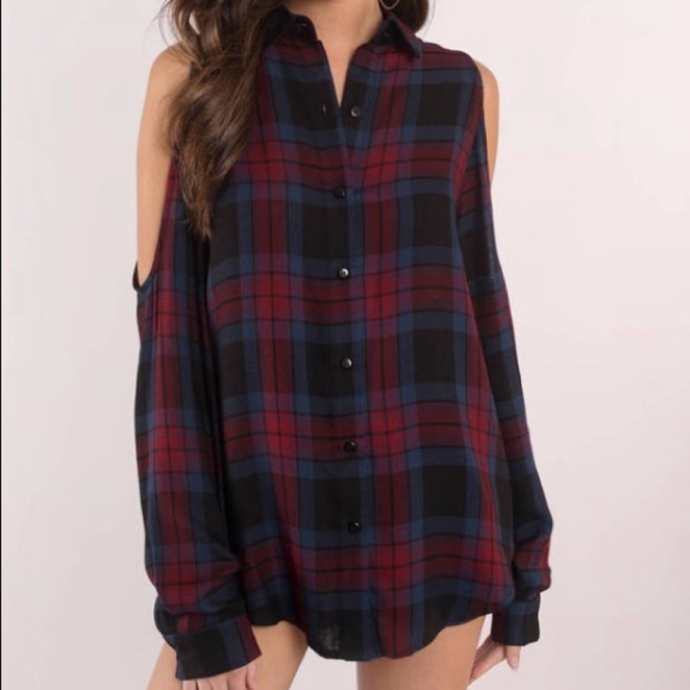 Red plaid top with shoulder cut outs